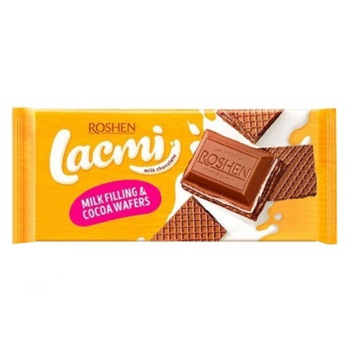  Шоколад «Roshen» Lacmi молочний з молочною начинкою та вафлею, 90г